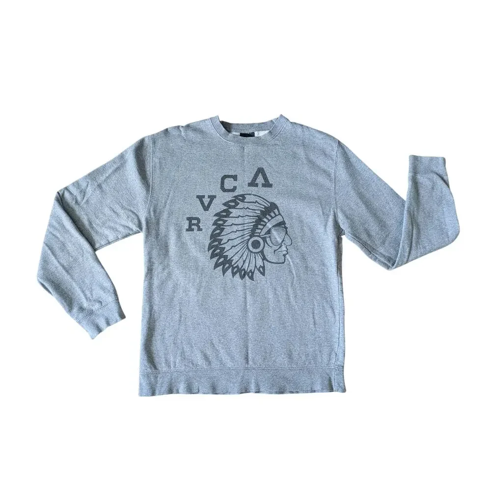 RVCA Sweatshirt Men M Gray Native American Graphic Indian-Chief Skater Steetwear